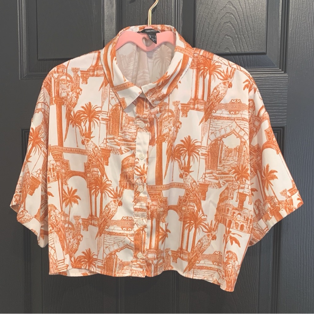 Forever 21 | Tropical Print Button Up Crop Top | Sz L